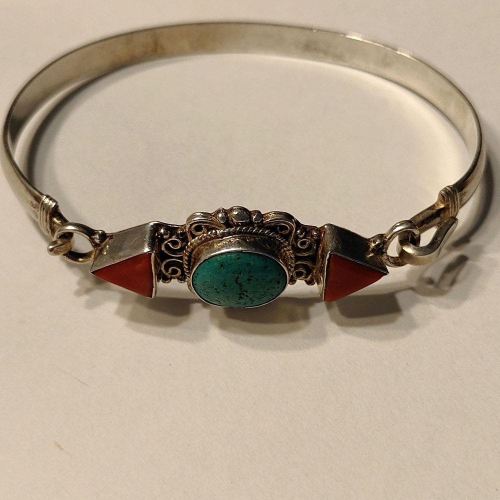Beautiful Turquoise & Coral Sterling Silver Bracelet